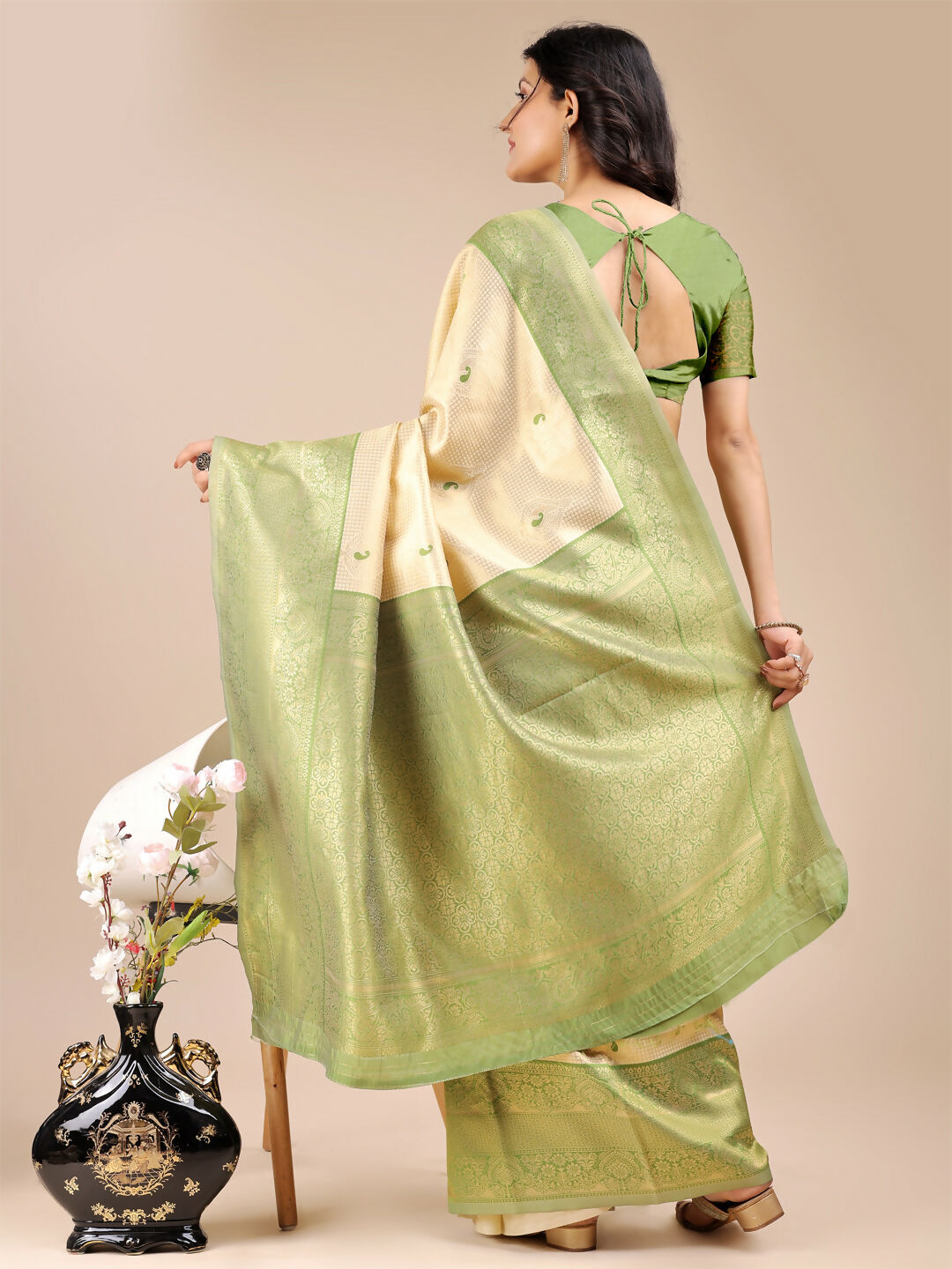 Shree Shyam Fashion Aura Silk Cream Light Green Banarasi Silk Saree | Grocsy