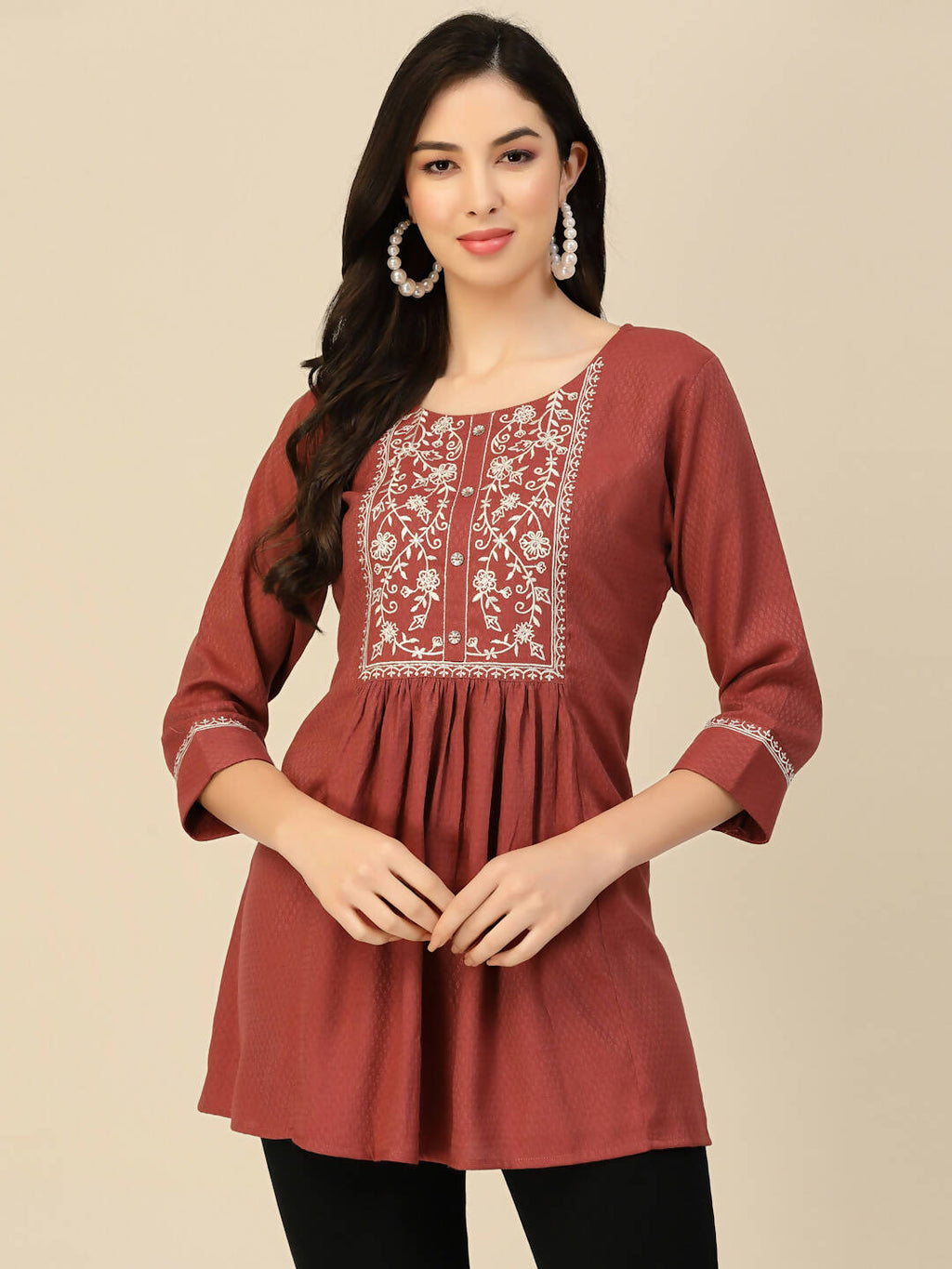 Brown Poly Rayon Floral Embroidered Top - Zeny | Grocsy