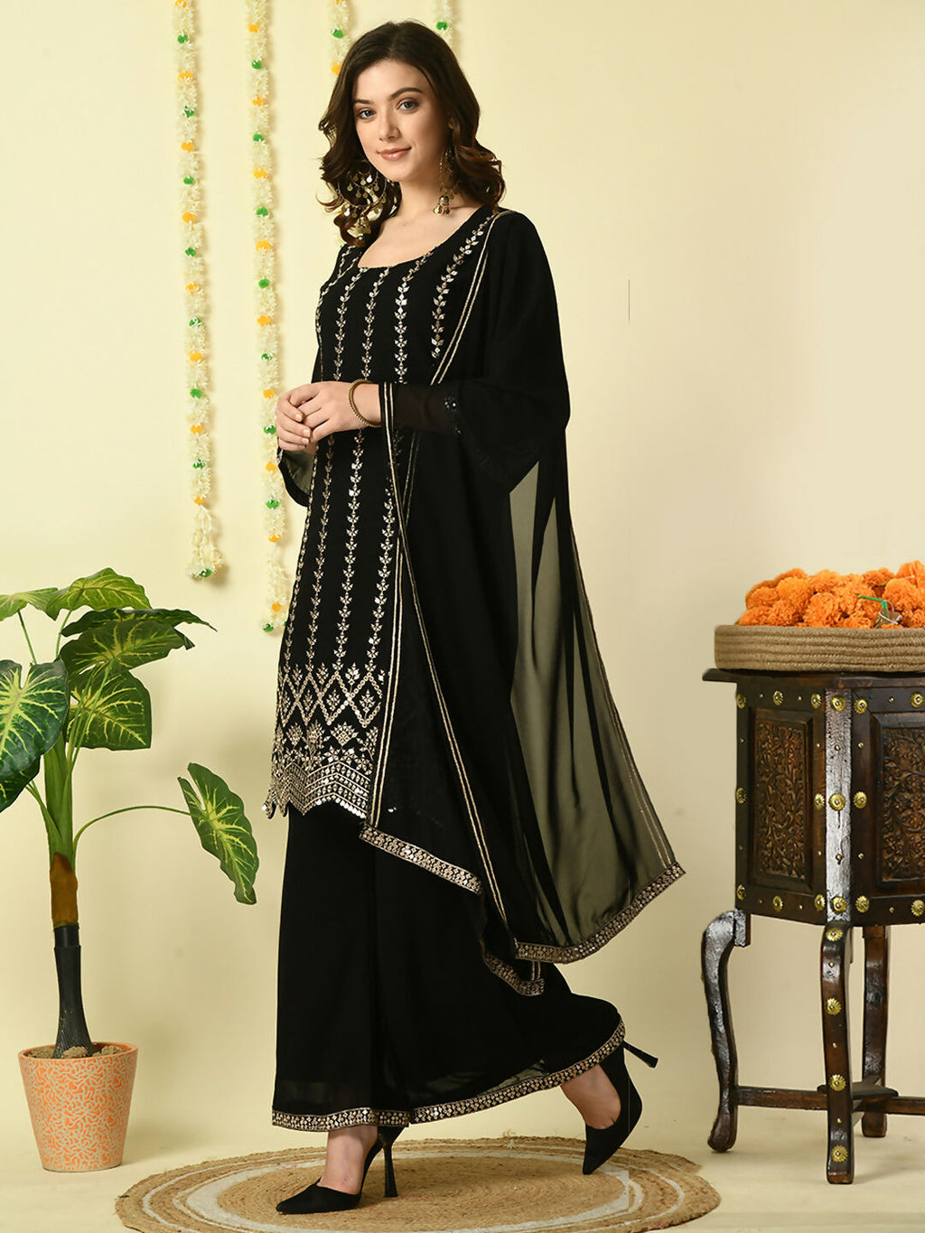 Myshka Women's Black Georgette Kurta & Palazzos With Dupatta Party Sets | Grocsy