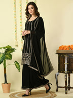 Myshka Women's Black Georgette Kurta & Palazzos With Dupatta Party Sets | Grocsy