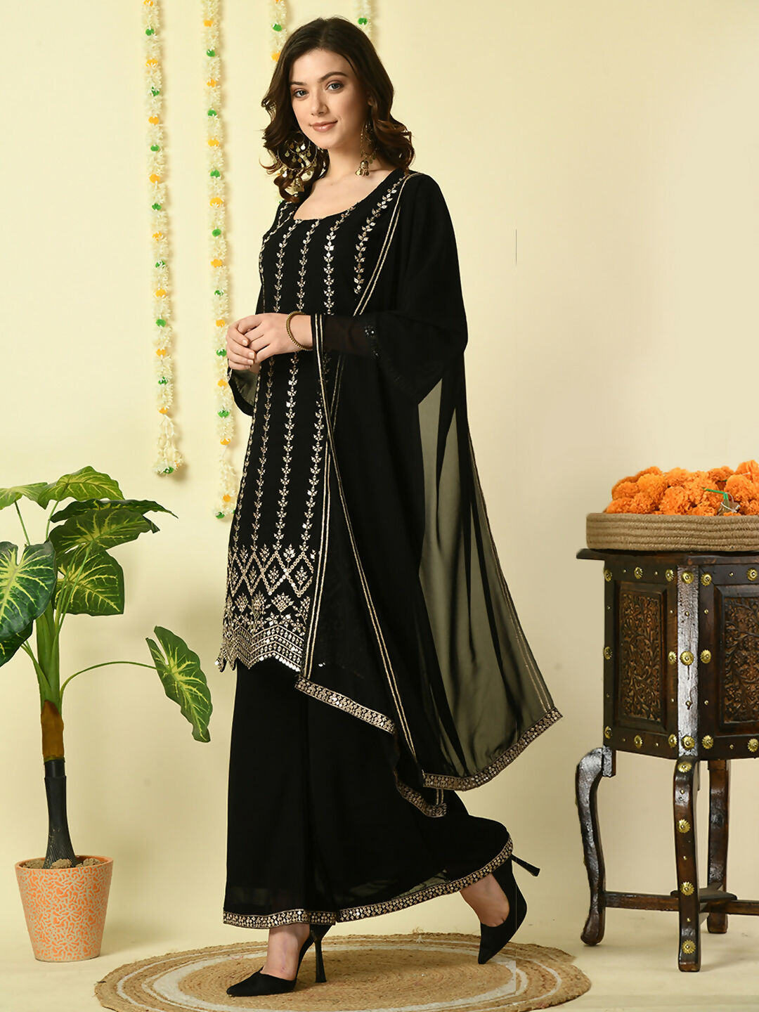 Myshka Women's Black Georgette Kurta & Palazzos With Dupatta Party Sets | Grocsy