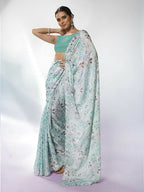 Sea Green Satin Georgette Designer Printed Saree - Shezlin | Grocsy