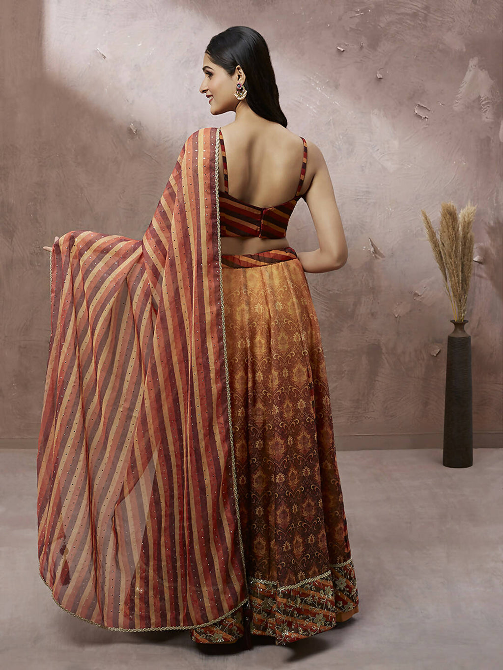 House of Panchhi Brown Organza Floral Print and sequinse work Lehenga choli & Dupatta | Grocsy