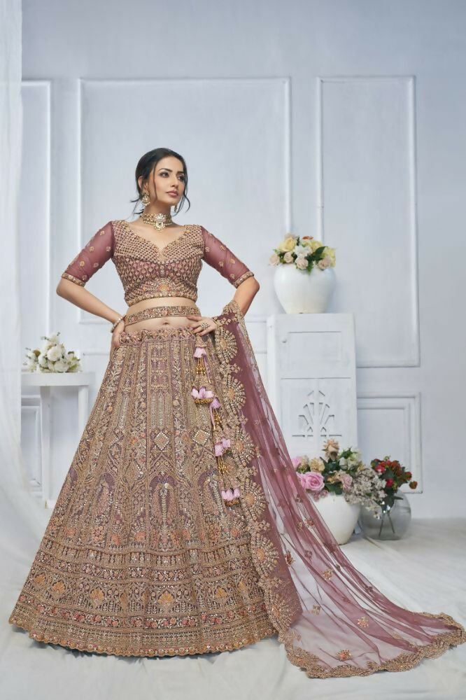 Kesar Fab Onion-Pink Net Embroidered Lehenga | Grocsy