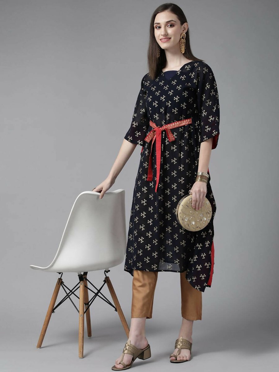 Ahalyaa Women Navy Blue Georgette Gold Printed Kaftan Kurta | Grocsy