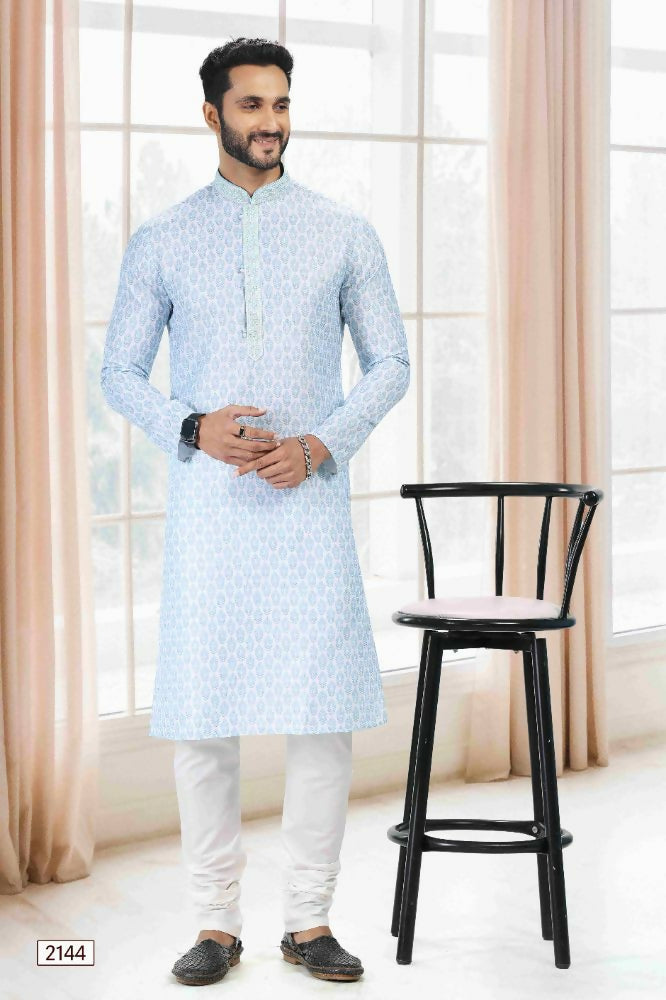 Raivat Ethnic Cotton Thread Work Kurta Pajama In Sky Blue Colour | Grocsy