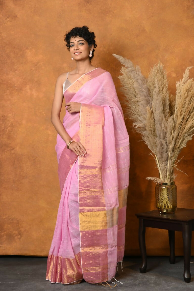 Very Much Indian Handloom Pure Cotton Linen Saree With Golden Border - Pink | Grocsy