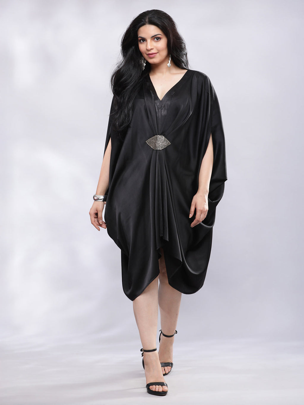 BohoJazz Drape Cowl Black Dress with Hand Embroidered Motif | Grocsy