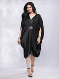 BohoJazz Drape Cowl Black Dress with Hand Embroidered Motif | Grocsy
