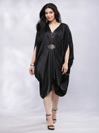 BohoJazz Drape Cowl Black Dress with Hand Embroidered Motif | Grocsy