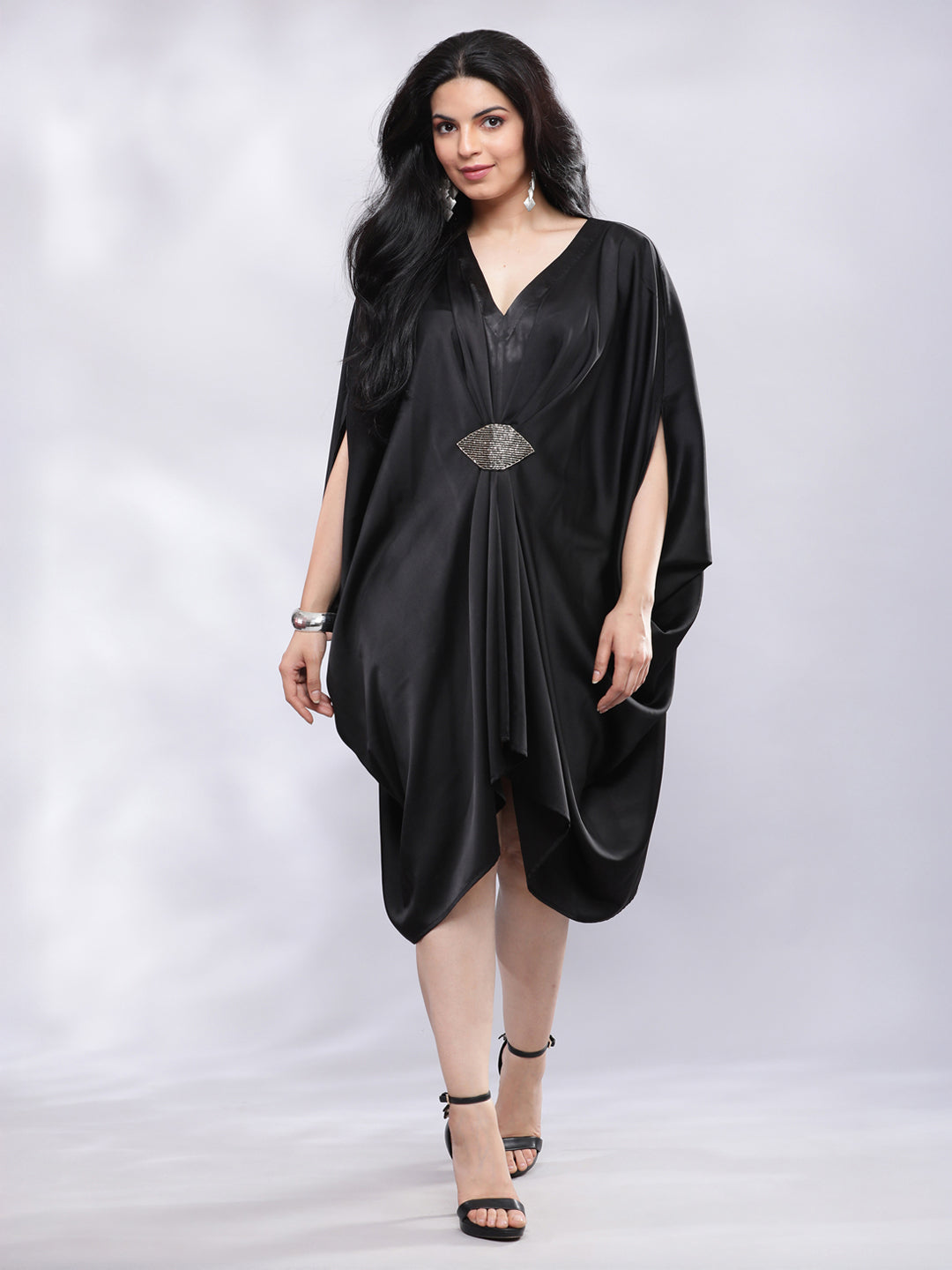 BohoJazz Drape Cowl Black Dress with Hand Embroidered Motif | Grocsy
