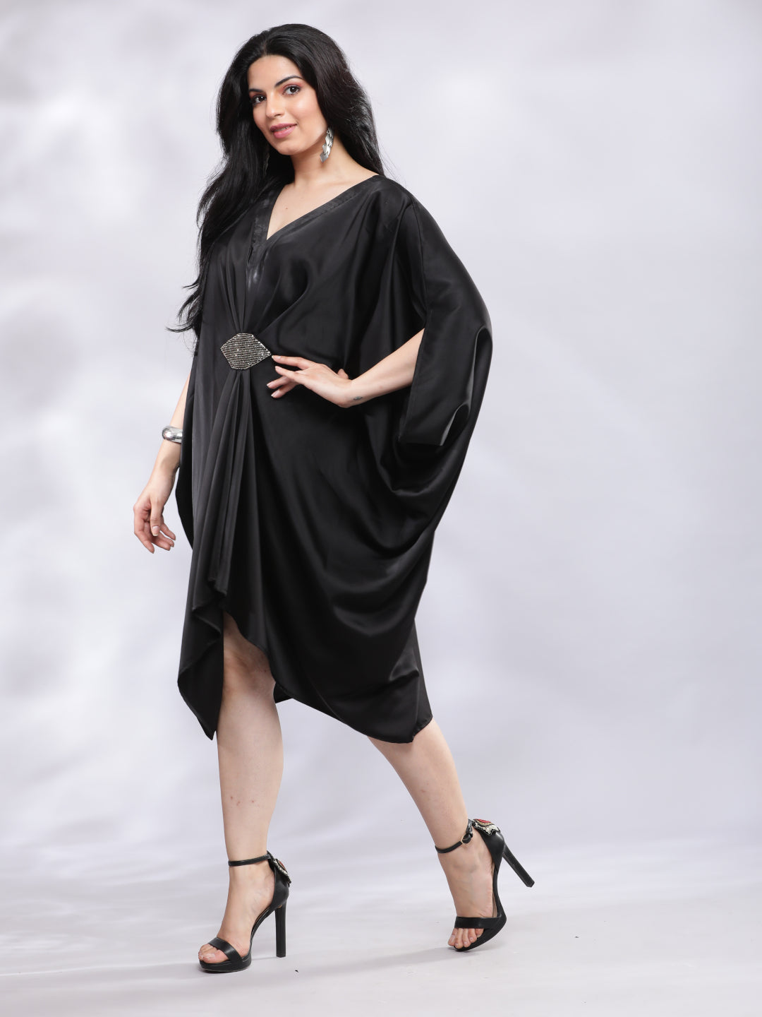 BohoJazz Drape Cowl Black Dress with Hand Embroidered Motif | Grocsy