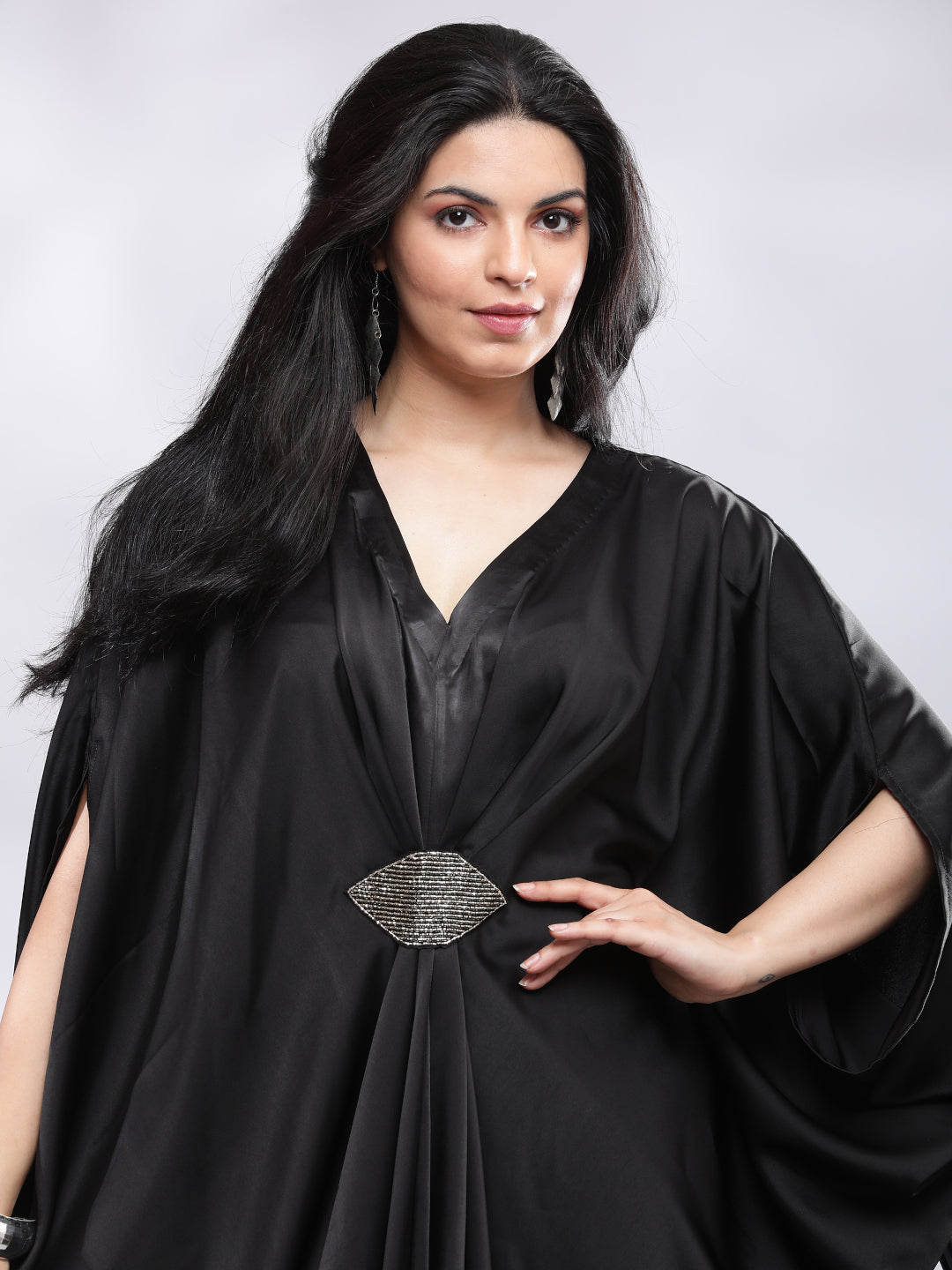 BohoJazz Drape Cowl Black Dress with Hand Embroidered Motif | Grocsy