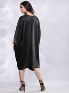 BohoJazz Drape Cowl Black Dress with Hand Embroidered Motif | Grocsy