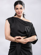 BohoJazz Drape Skirt with One Shoulder Cowl Top Co-ord Set - Black | Grocsy