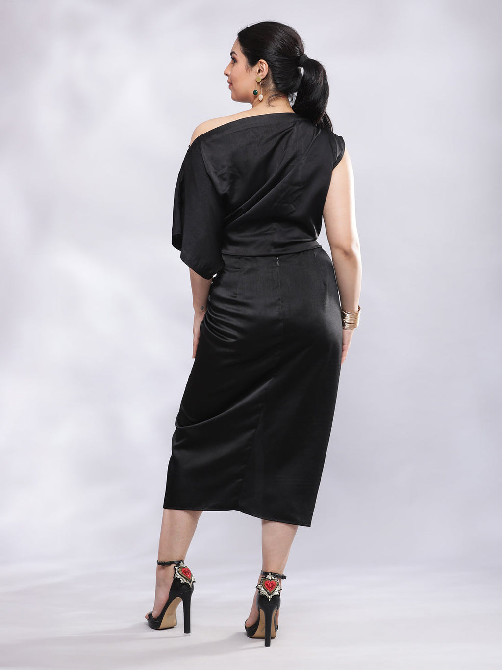 BohoJazz Drape Skirt with One Shoulder Cowl Top Co-ord Set - Black | Grocsy