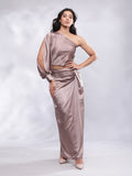 BohoJazz Drape Skirt with One Shoulder Cowl Top Co-ord Set - Champagne | Grocsy