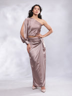 BohoJazz Drape Skirt with One Shoulder Cowl Top Co-ord Set - Champagne | Grocsy