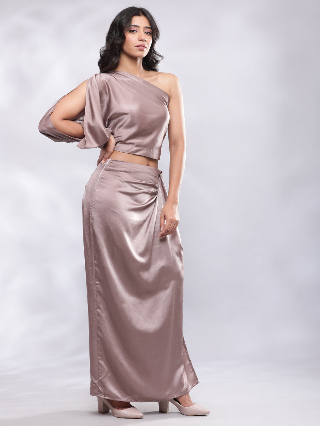 BohoJazz Drape Skirt with One Shoulder Cowl Top Co-ord Set - Champagne | Grocsy