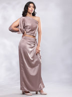 BohoJazz Drape Skirt with One Shoulder Cowl Top Co-ord Set - Champagne | Grocsy