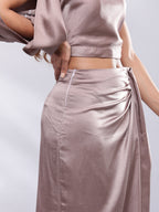 BohoJazz Drape Skirt with One Shoulder Cowl Top Co-ord Set - Champagne | Grocsy