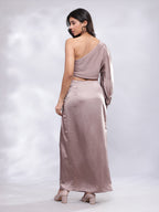 BohoJazz Drape Skirt with One Shoulder Cowl Top Co-ord Set - Champagne | Grocsy