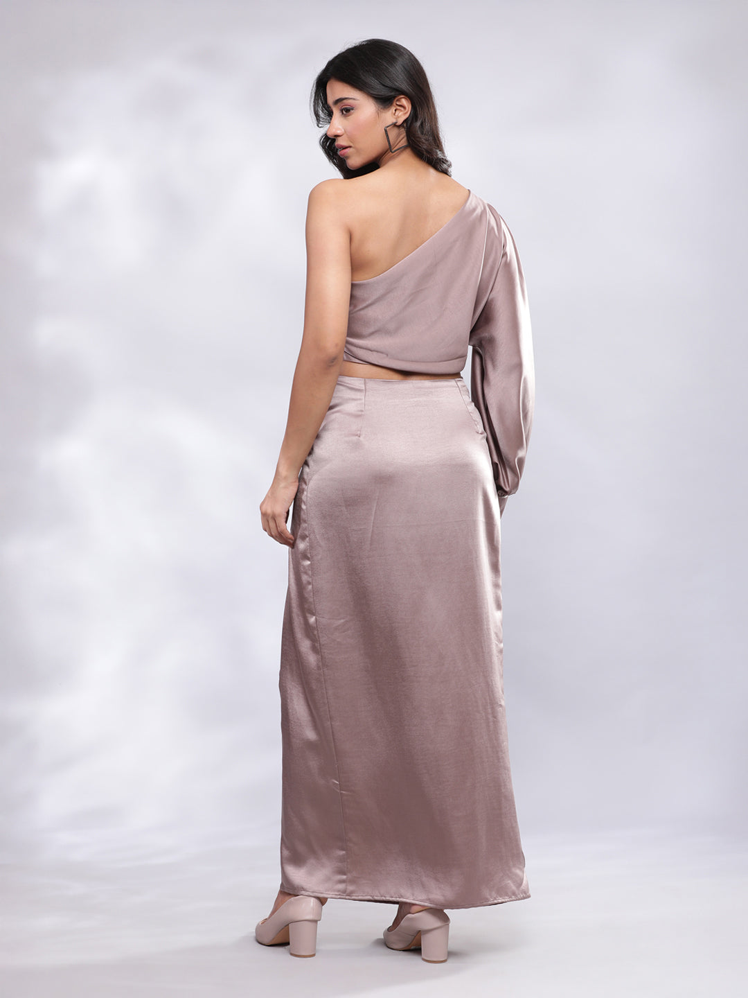 BohoJazz Drape Skirt with One Shoulder Cowl Top Co-ord Set - Champagne | Grocsy