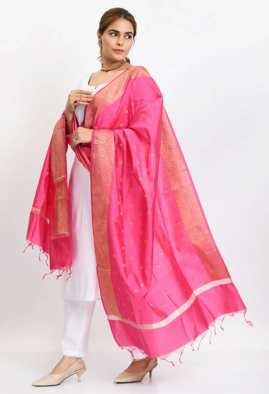 Mominos Fashion Moeza Women's Banarsi Silk Woven Design Pink Dupatta | Grocsy