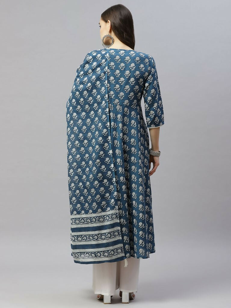 Miravan Women's Cotton Floral Print Anarkali Kurta With Dupatta | Grocsy