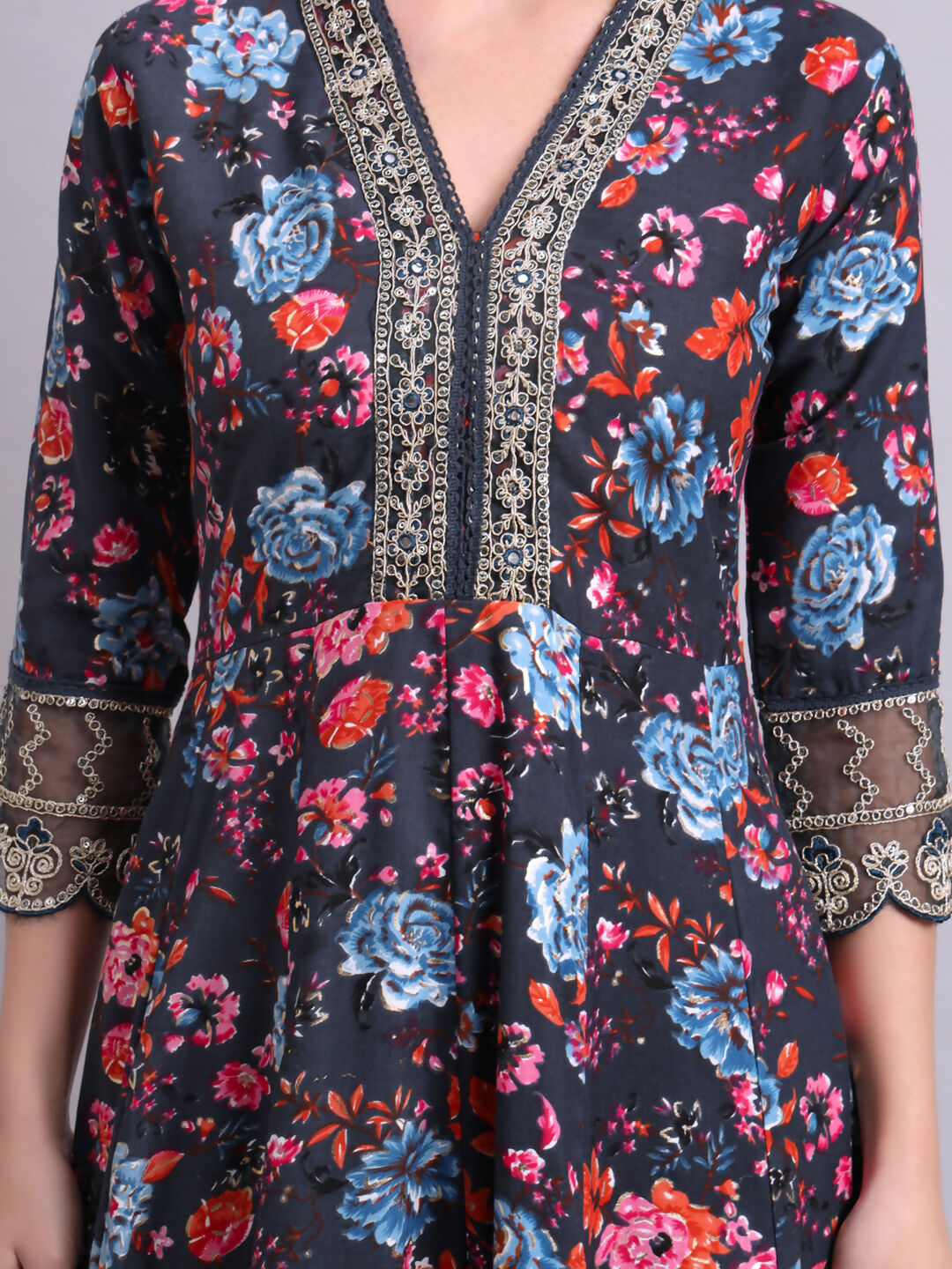 Joban Fashion Black Cotton Floral Printed & Embroidery Work Anarkali Kurta With Trousers & Dupatta Set | Grocsy