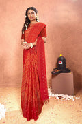 Red Chiffon Foil Printed Saree with Unstitched Blouse Piece - Rajal | Grocsy