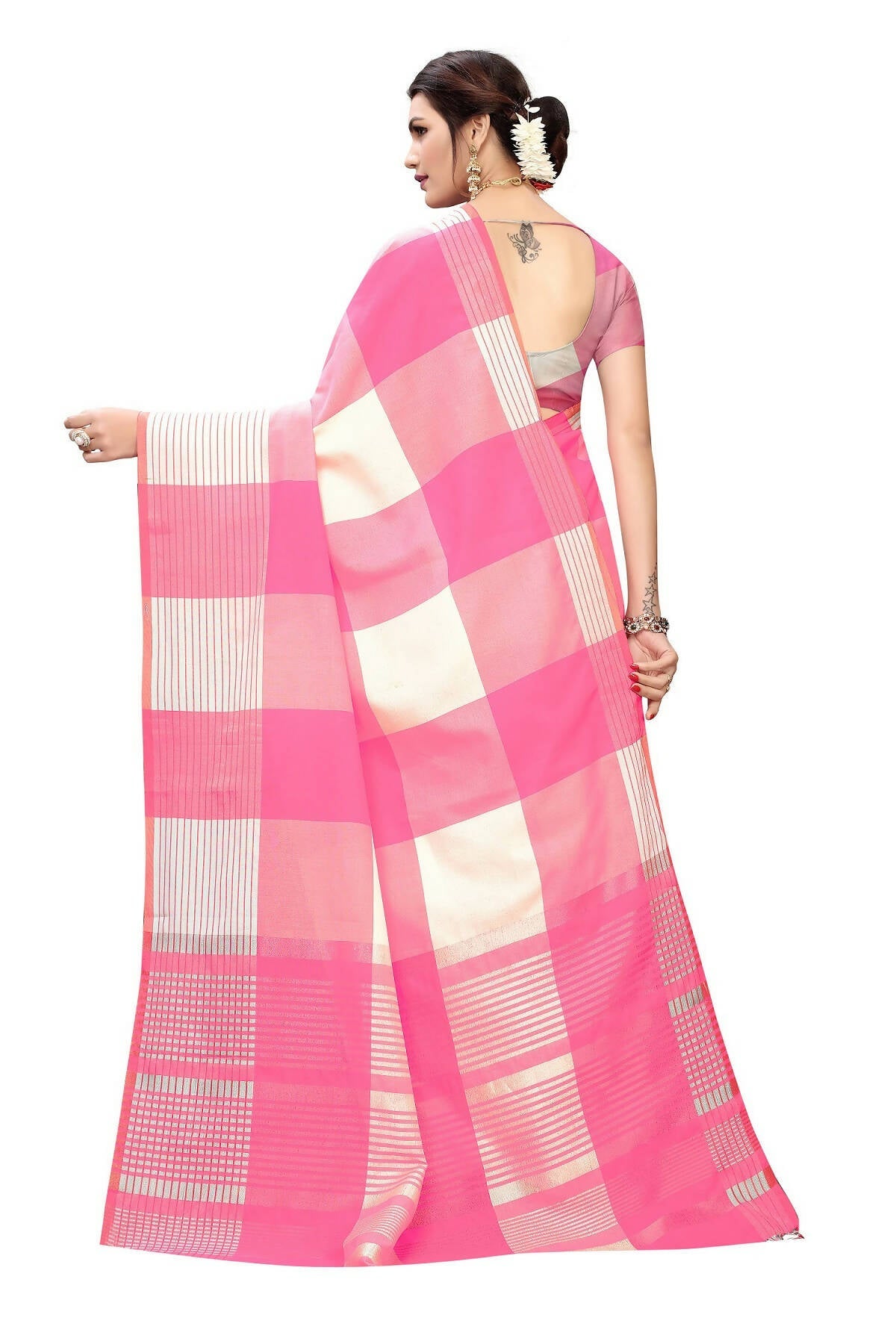 Vamika Pink Cotton Silk Weaving Saree (Gamma Checks Pink) | Grocsy
