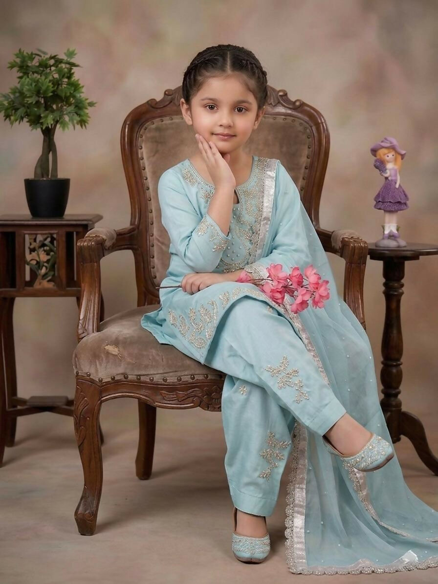 Teeya Creation Womens New Fancy Sky Blue Embroidered Kurta with Salwar & Dupatta Set Palazzo Set | Grocsy