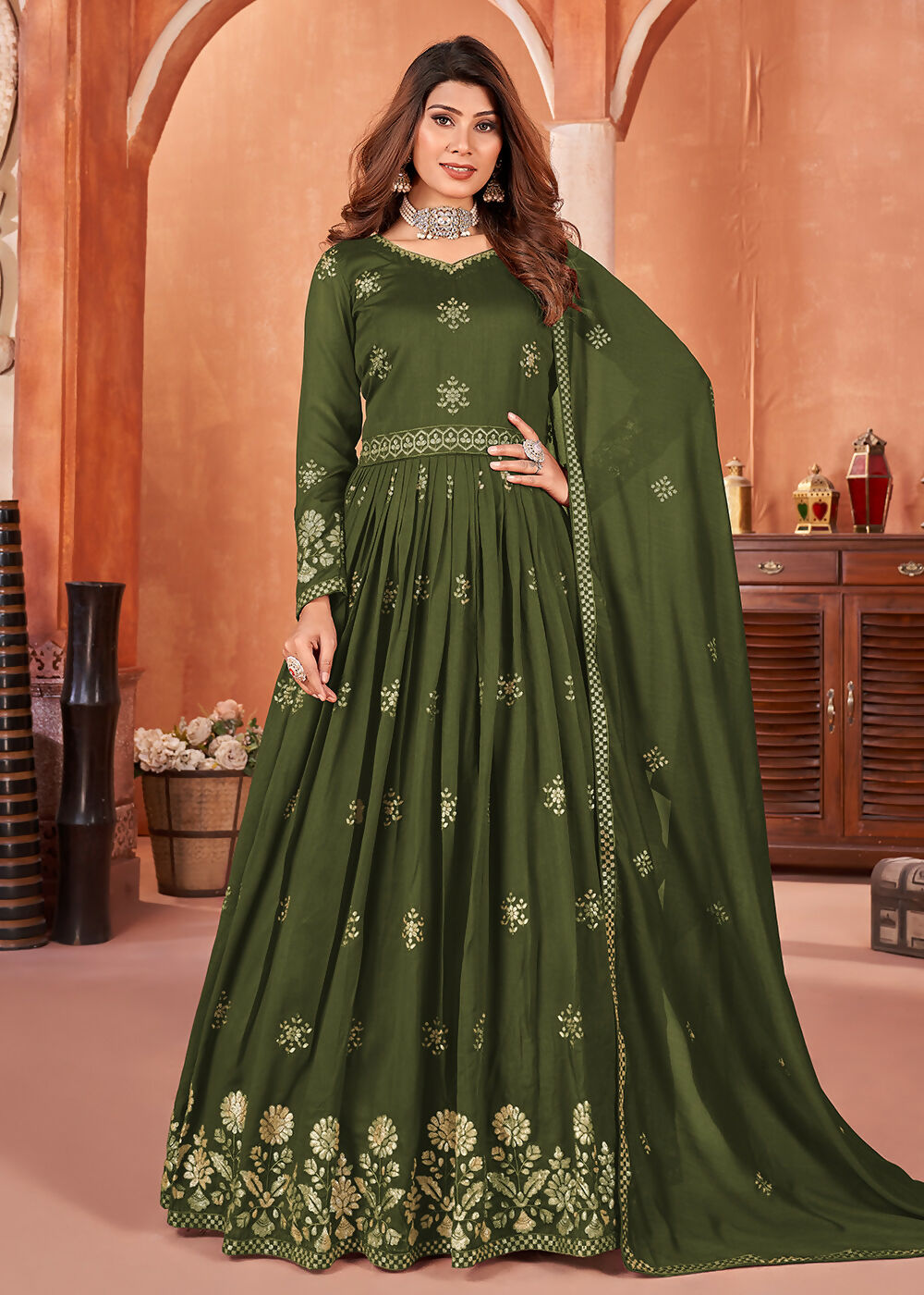 Mehndi Green Festive Embroidered Art Silk Anarkali Suit - Emponline | Grocsy