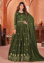 Mehndi Green Festive Embroidered Art Silk Anarkali Suit - Emponline | Grocsy