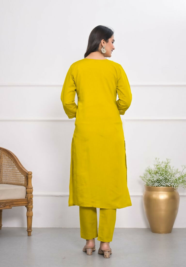 Yellow Viscose Silk Embroidery with Thread and sequence Stitched Suit With Dupatta - Tanisha | Grocsy