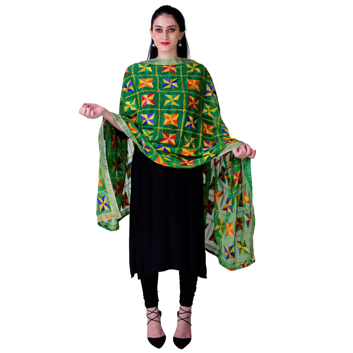 SWI Stylish Embroidered Phulkari Chiffon Green Dupatta | Grocsy
