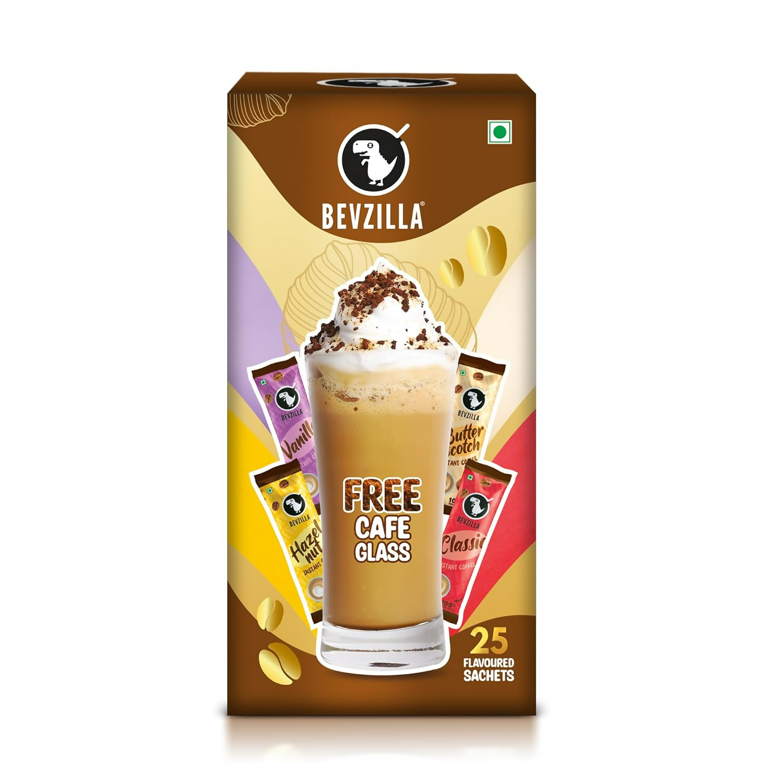 Bevzilla Premium Glass & 25 Flavoured Coffee Sachets | Grocsy