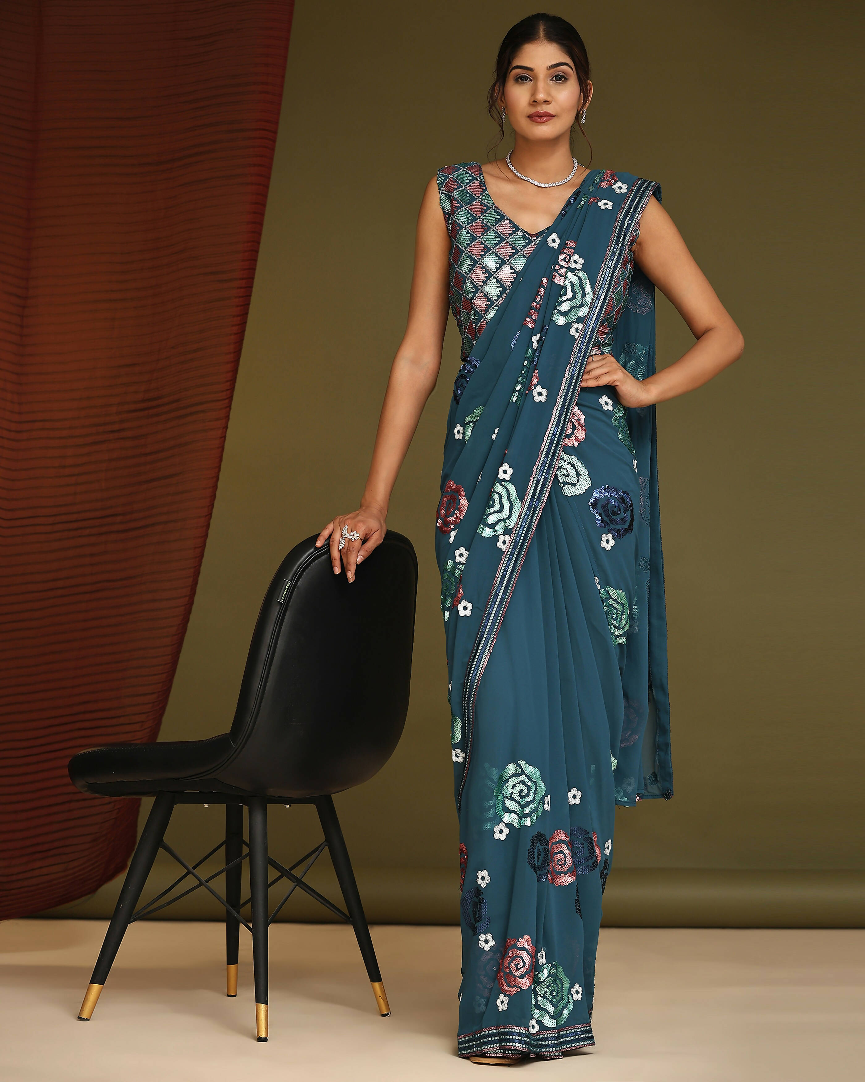 Blue Pure Georgette Sequence work Ready to wear Saree with stitched Blouse - Nirvana | Grocsy