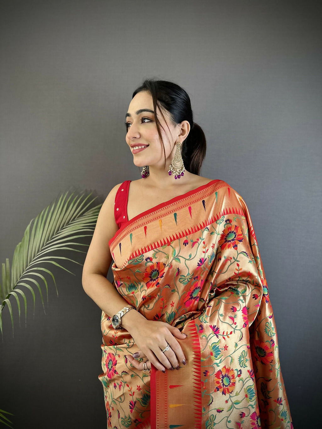 Joban Fashion Light Orange Floral  & Peacock Motifs Soft Silk Paithani Saree | Grocsy