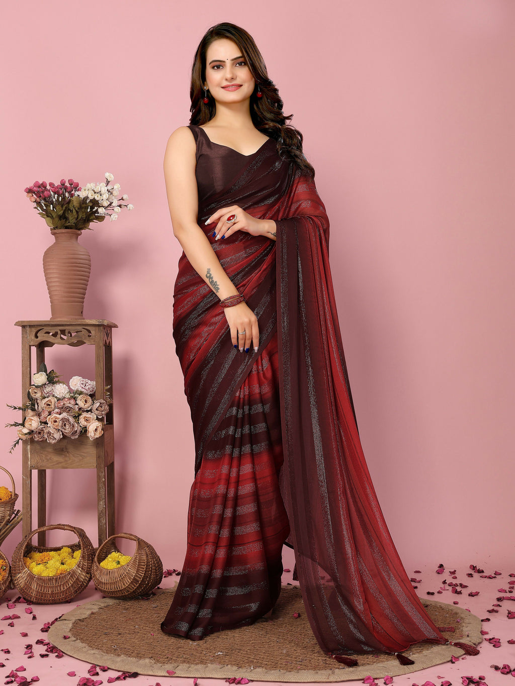 Attractive These Party Wear Ready To Wear Saree - Burgundy | Grocsy