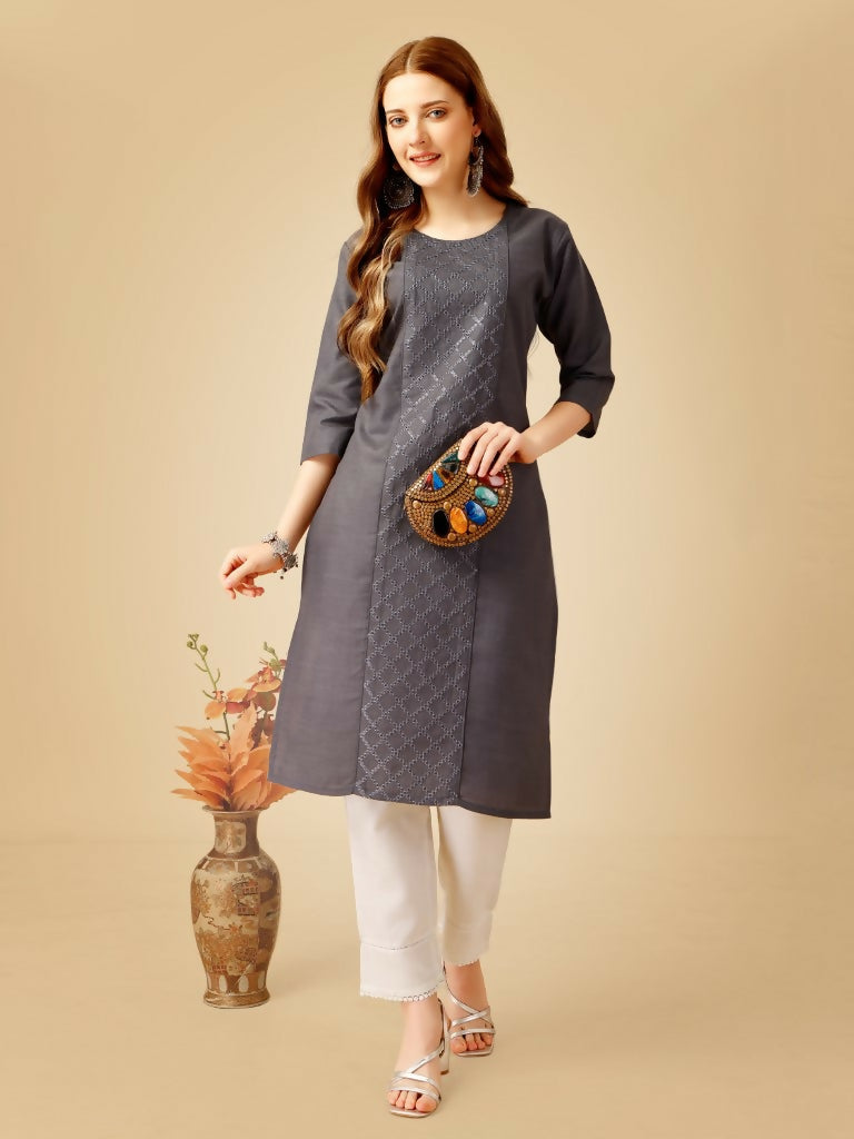 Jyoti Fashion Women's Grey Cotton Blend Embroidered Kurta Pant Set | Grocsy