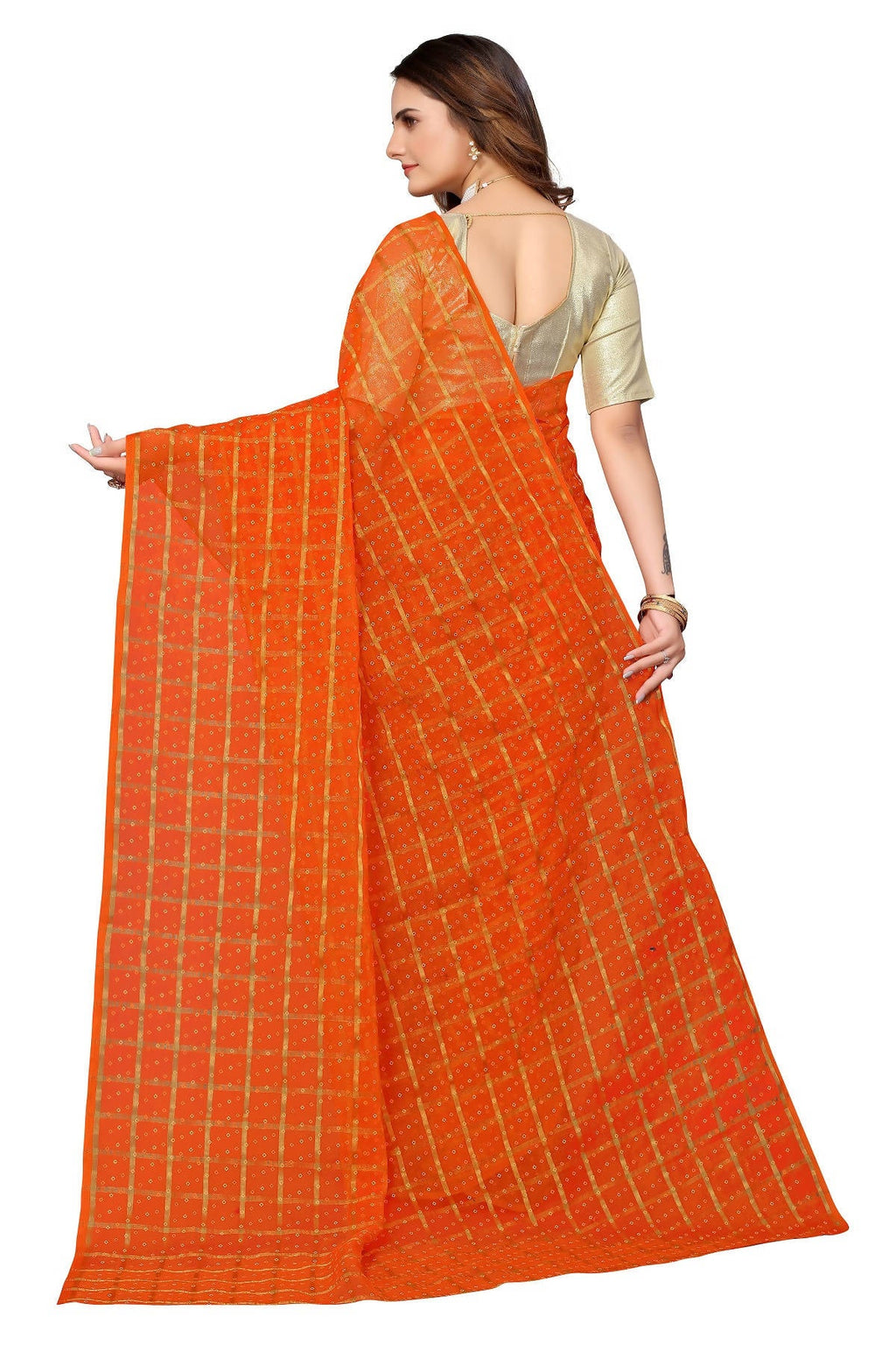Vamika Ethnic Fire Orange Jari Work Chiffon Saree | Grocsy