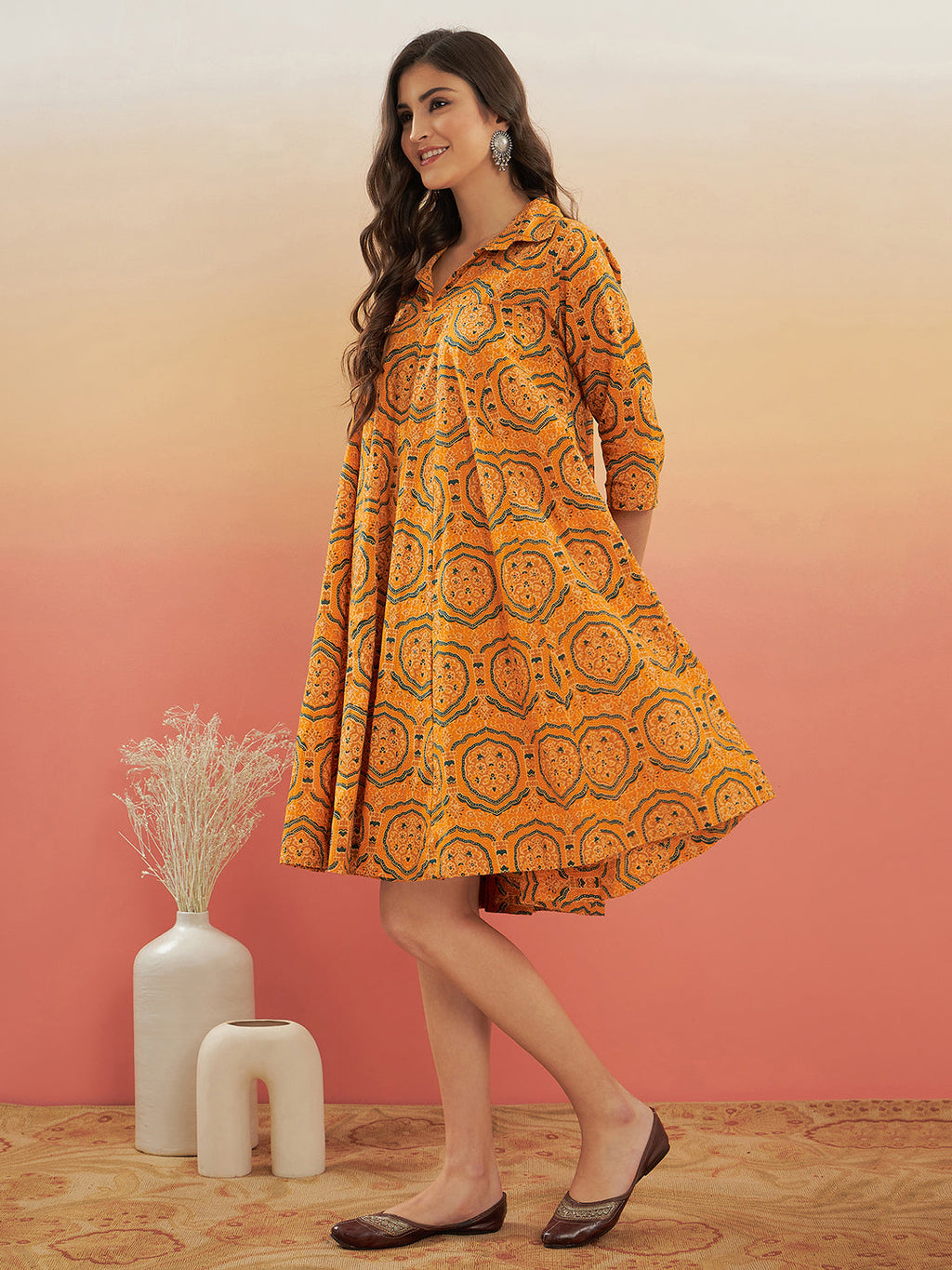 InWeave Women's Haldi Yellow Mughal Kalamkari Flared Dress | Grocsy