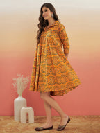 InWeave Women's Haldi Yellow Mughal Kalamkari Flared Dress | Grocsy