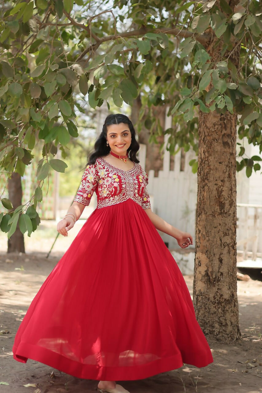 Vastranavya Faux Blooming with Embroidery Zari Sequins-work Gown - Red | Grocsy