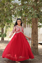 Vastranavya Faux Blooming with Embroidery Zari Sequins-work Gown - Red | Grocsy