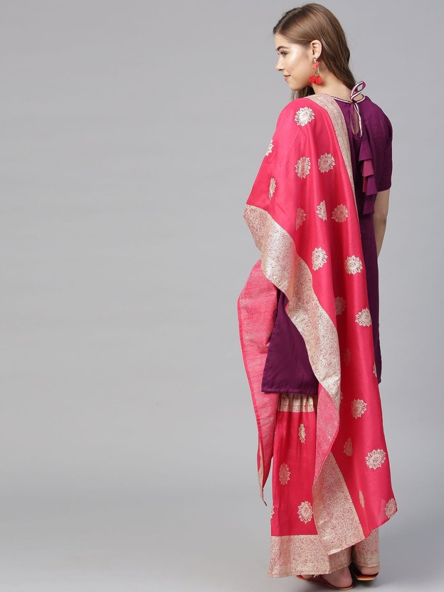Ahalyaa Women's Purple Poly Silk Solid Kurta and Red Printed Sharara With Dupatta | Grocsy