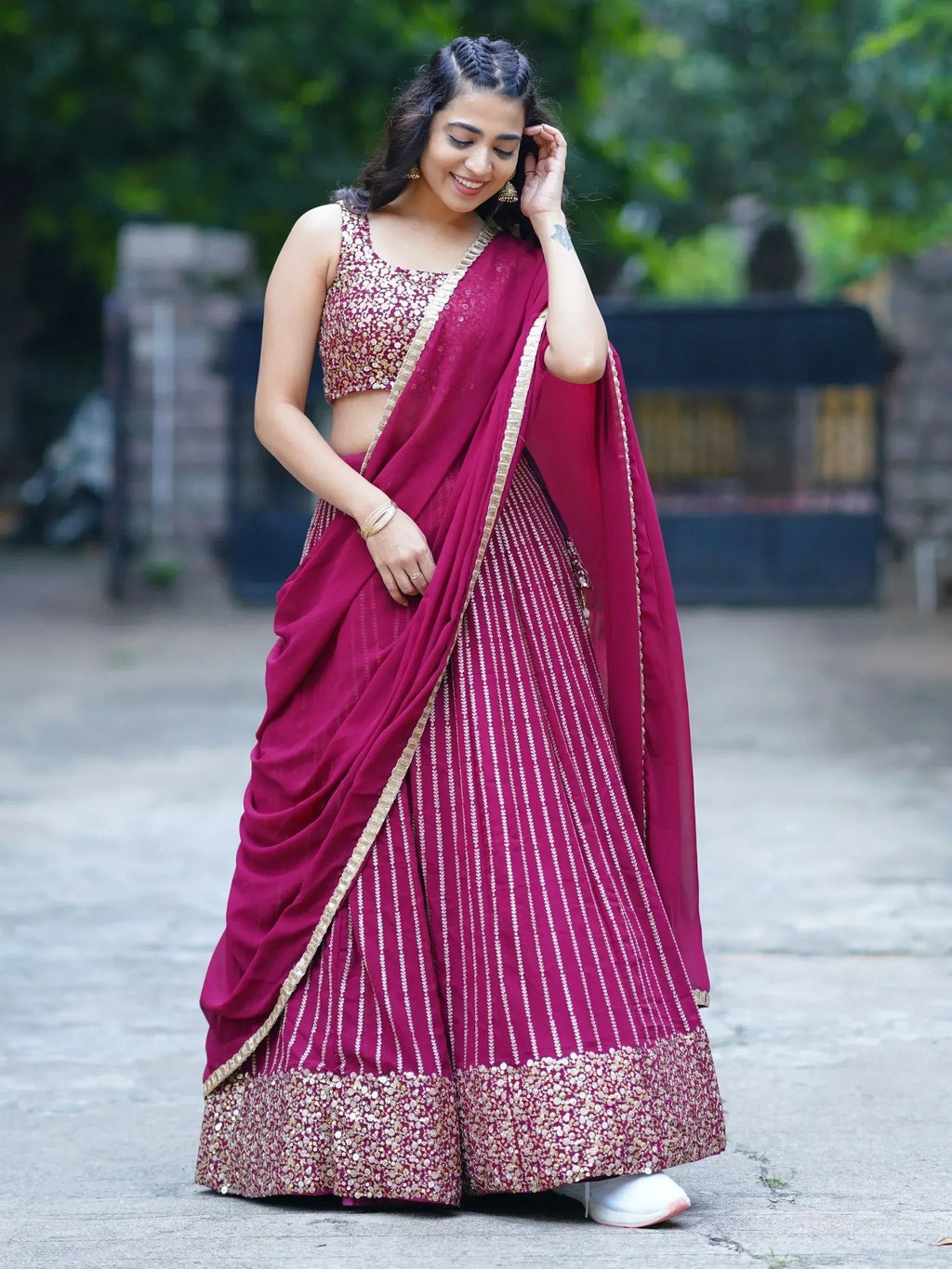 Tulsi Art Stunning Magenta Sequins Georgette Reception Wear Lehenga Choli | Grocsy