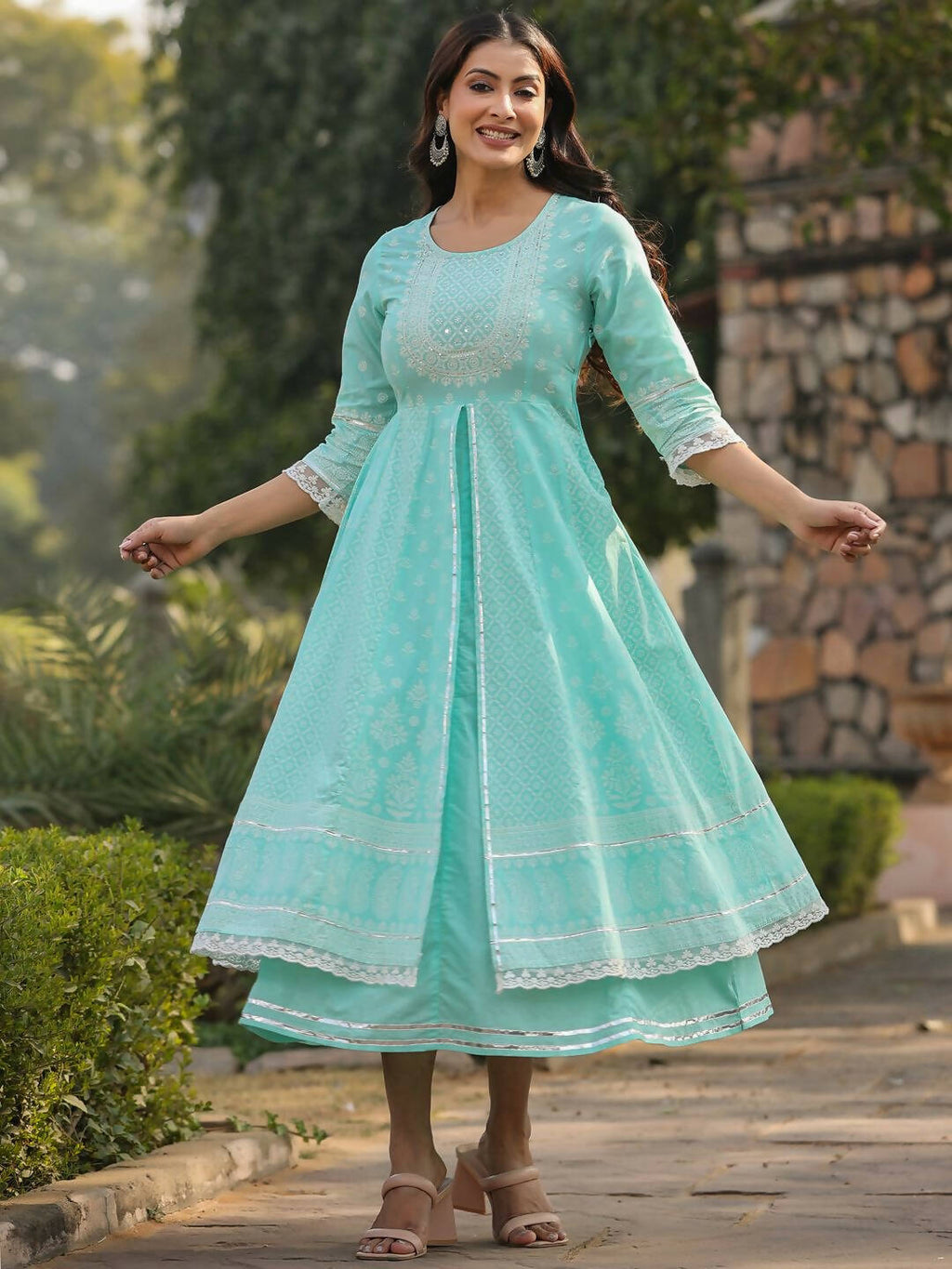 Juniper Women's Aqua Cambric Floral Printed Double Layered Kalidar Dress | Grocsy